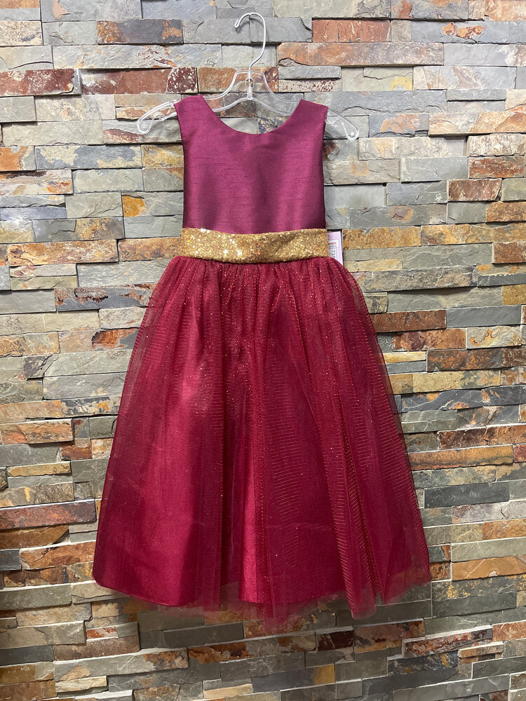 Burgundy with Gold Trim V Back and Bow Dress, Size 7/8