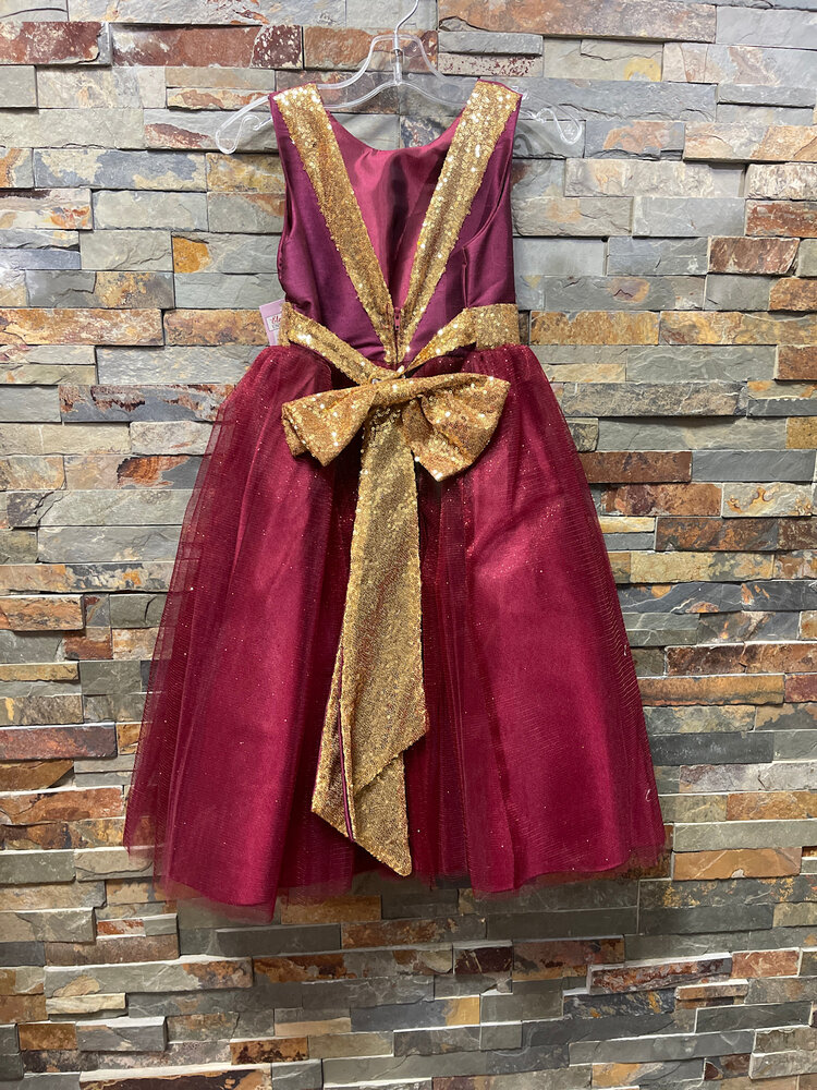 Burgundy with Gold Trim V Back and Bow Dress, Size 7/8