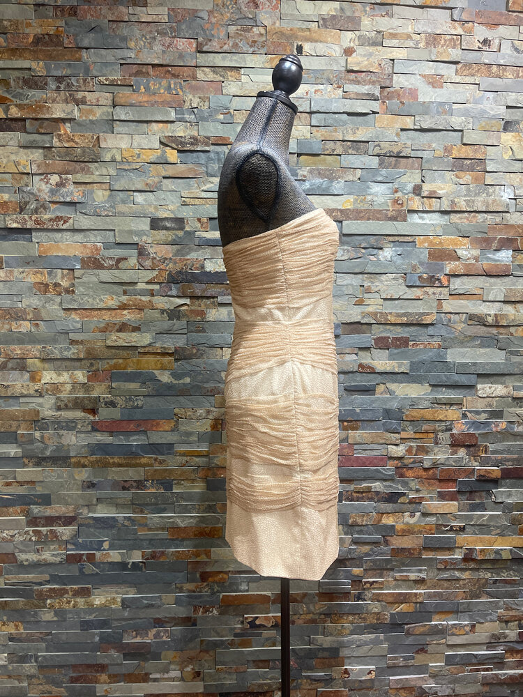 Halston Gold Strapless Dress with a Wrapped Overlay Design, Size 8