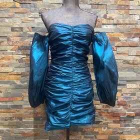 Teal Taffeta  Ruched Cold Shoulder Sleeved Dress, Size L
