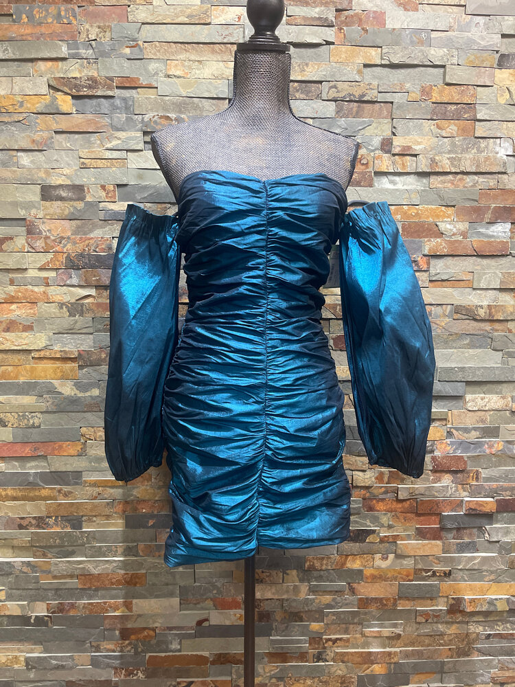 Teal Taffeta  Ruched Cold Shoulder Sleeved Dress, Size L