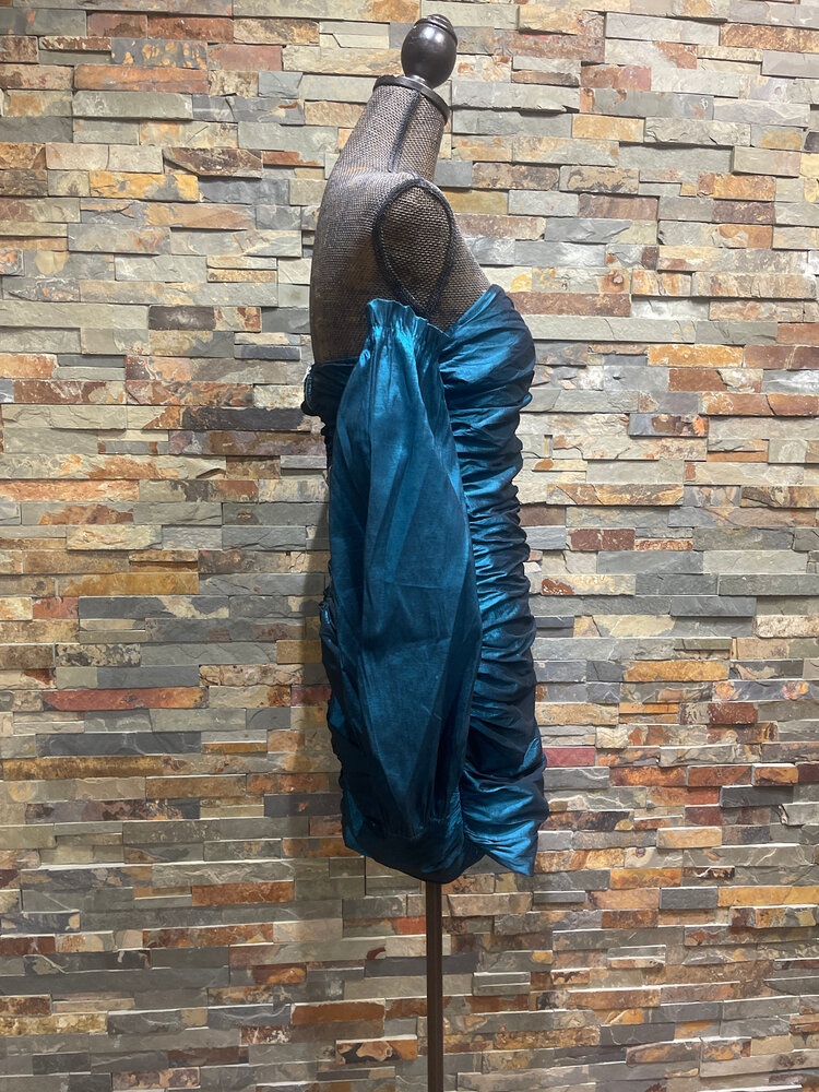 Teal Taffeta  Ruched Cold Shoulder Sleeved Dress, Size L