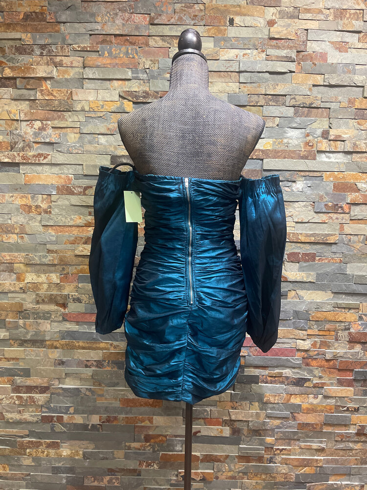 Teal Taffeta  Ruched Cold Shoulder Sleeved Dress, Size L