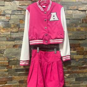 Hot Pink and White Cheerleader Jacket and Skirt Set, Size 7/8