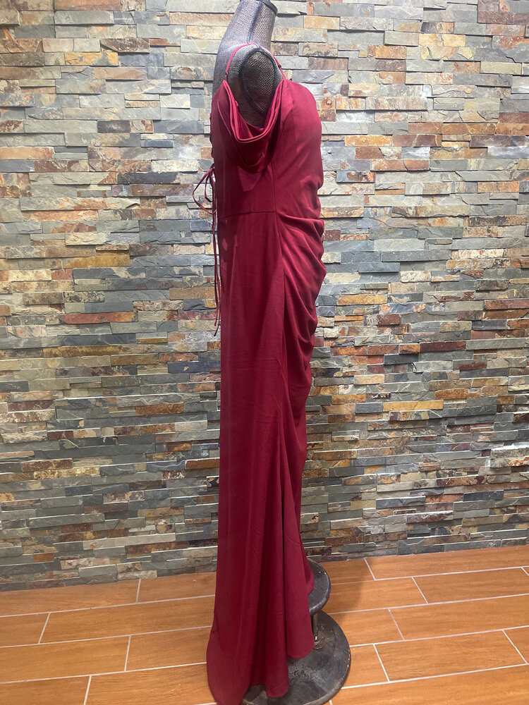 Burgundy Cold Shoulder Ruched Gown with Lace-up Back, Size 3XL
