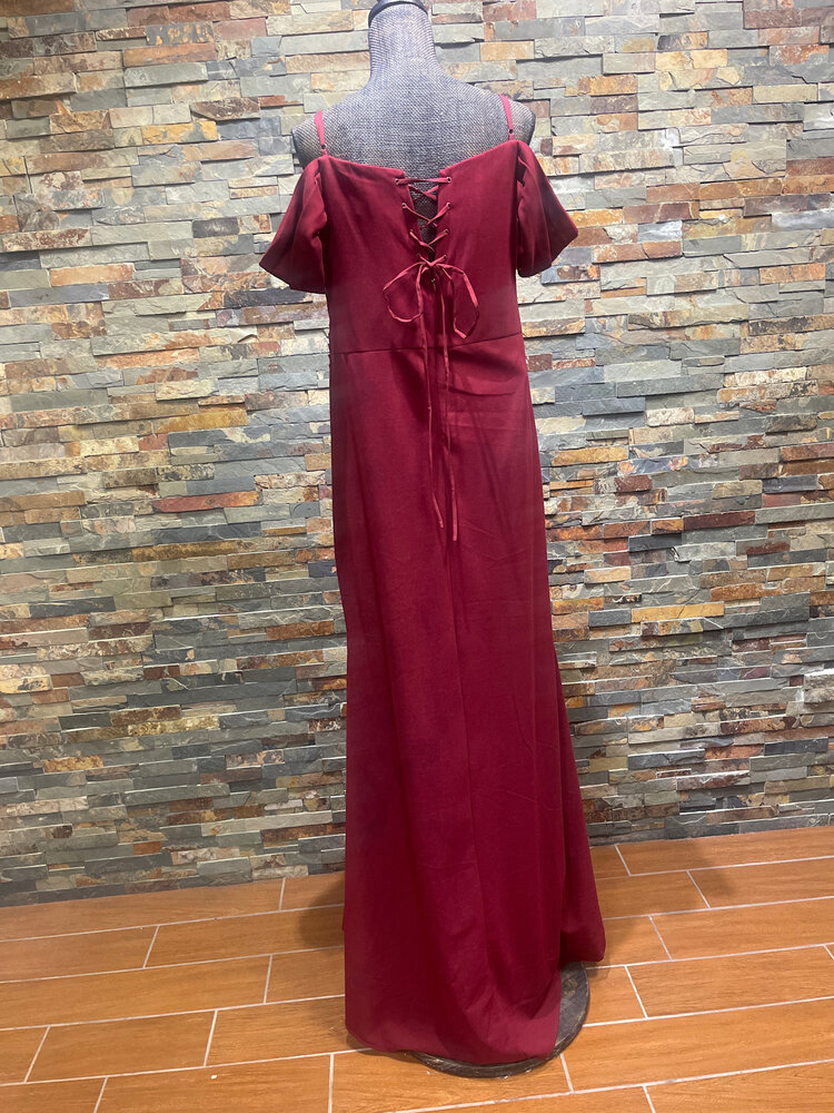Burgundy Cold Shoulder Ruched Gown with Lace-up Back, Size 3XL