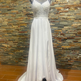 White Gown with Beaded Lace Bodice and Slit Skirt, Size 10