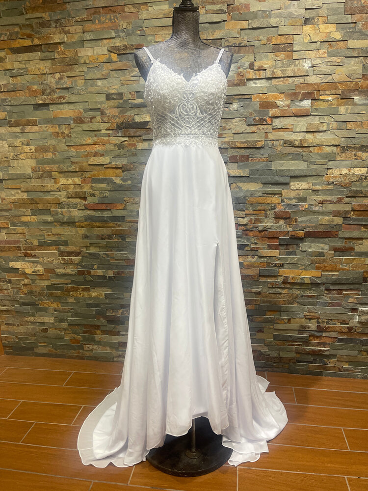 White Gown with Beaded Lace Bodice and Slit Skirt, Size 10