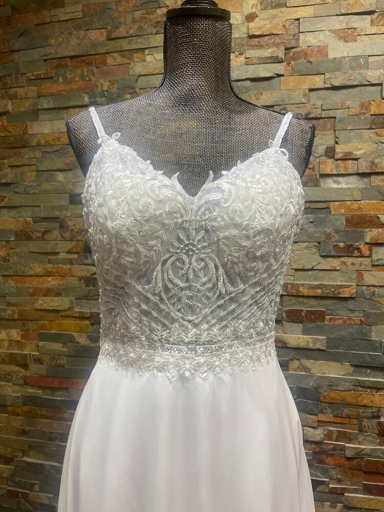 White Gown with Beaded Lace Bodice and Slit Skirt, Size 10