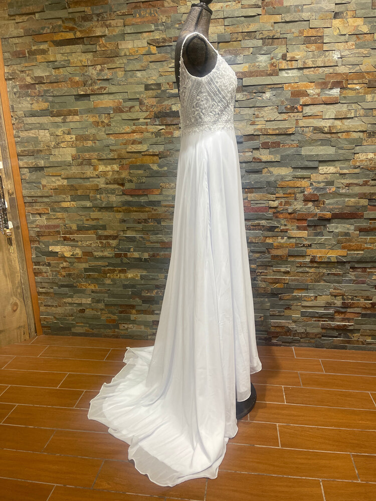 White Gown with Beaded Lace Bodice and Slit Skirt, Size 10
