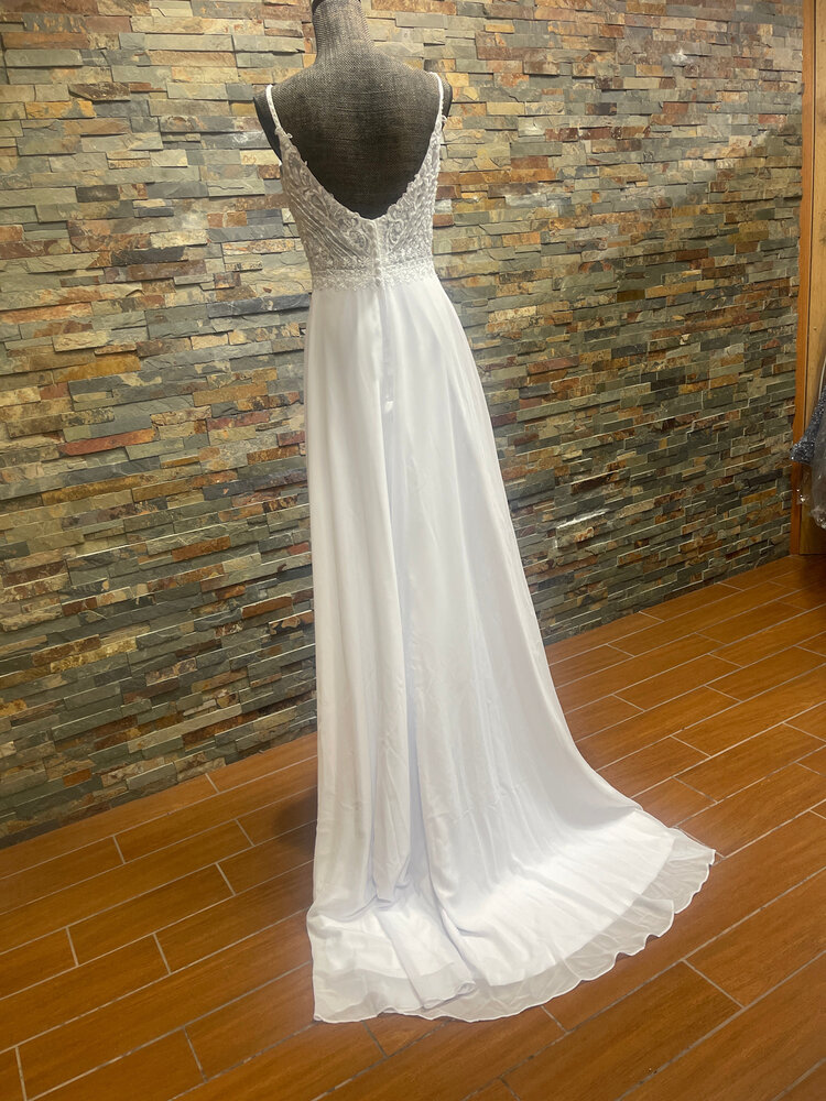 White Gown with Beaded Lace Bodice and Slit Skirt, Size 10