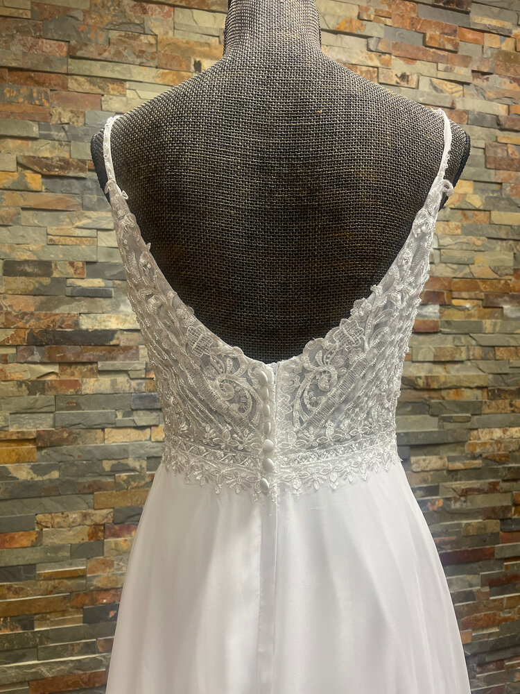 White Gown with Beaded Lace Bodice and Slit Skirt, Size 10
