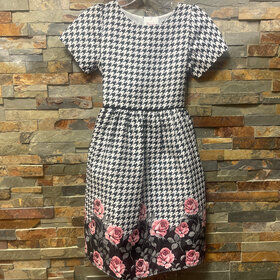 Black & White Houndstooth Print Dress with Rose Hemline, Size 12