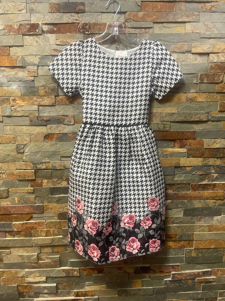 Black & White Houndstooth Print Dress with Rose Hemline, Size 12