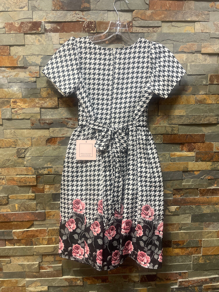 Black & White Houndstooth Print Dress with Rose Hemline, Size 12