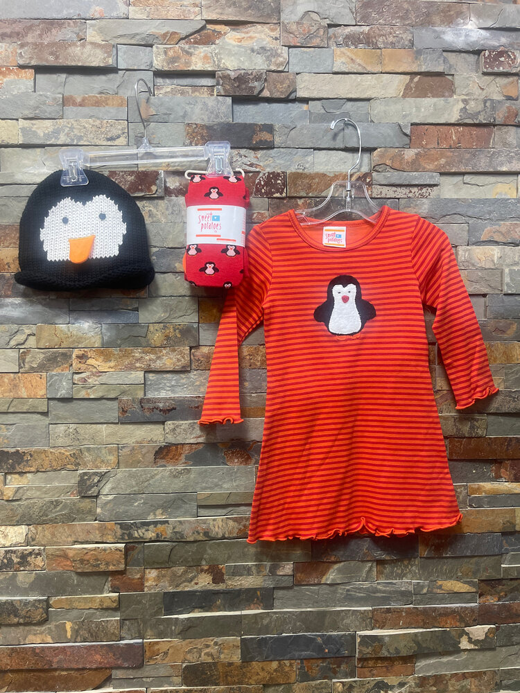 Orange Penguin Dress , Hat & Tights Set, Size 2T