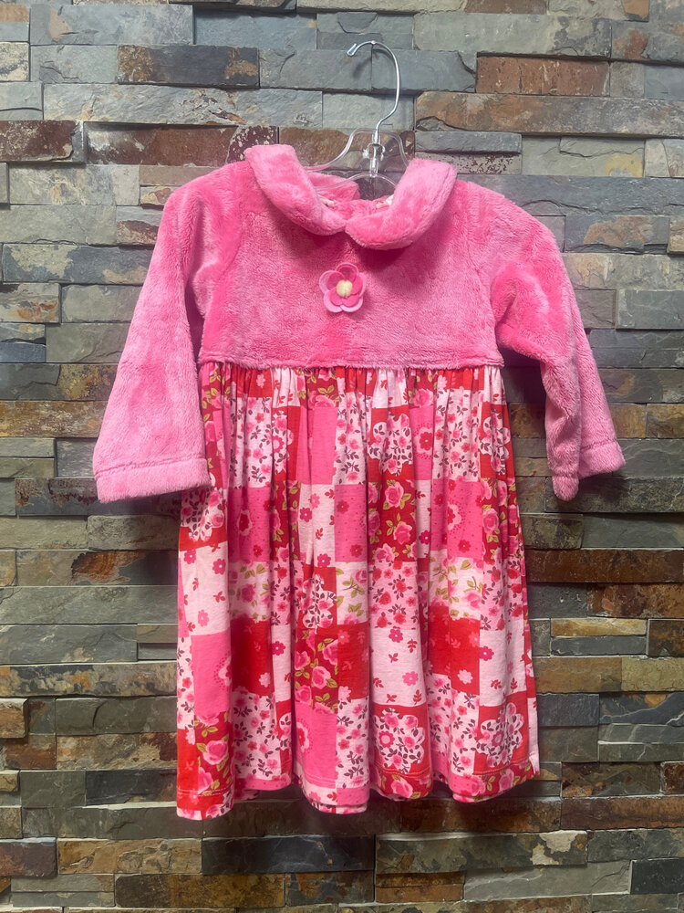 Pink Floral Patchwork Print Dress with Fuzzy Top, Size 4T