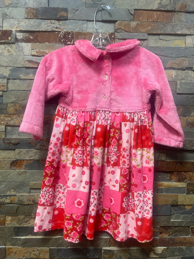 Pink Floral Patchwork Print Dress with Fuzzy Top, Size 4T