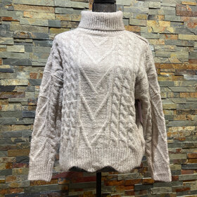 Latte Turtleneck Cable Knit Scallop Hem Sweater