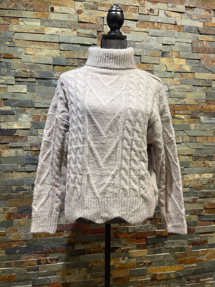 Latte Turtleneck Cable Knit Scallop Hem Sweater