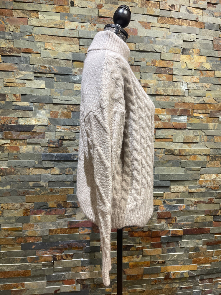 Latte Turtleneck Cable Knit Scallop Hem Sweater