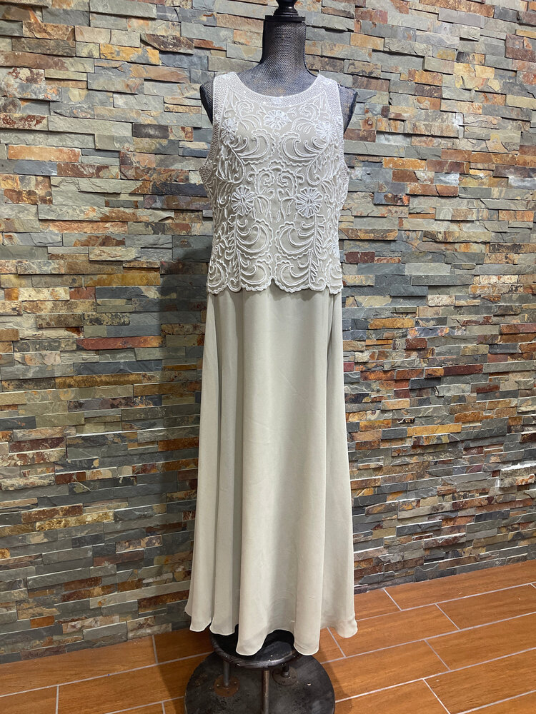 Jkara Latte Gown with White Beaded Sleeveless Top, Size 16