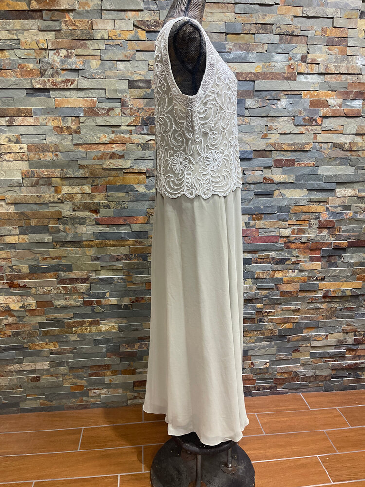 Jkara Latte Gown with White Beaded Sleeveless Top, Size 16