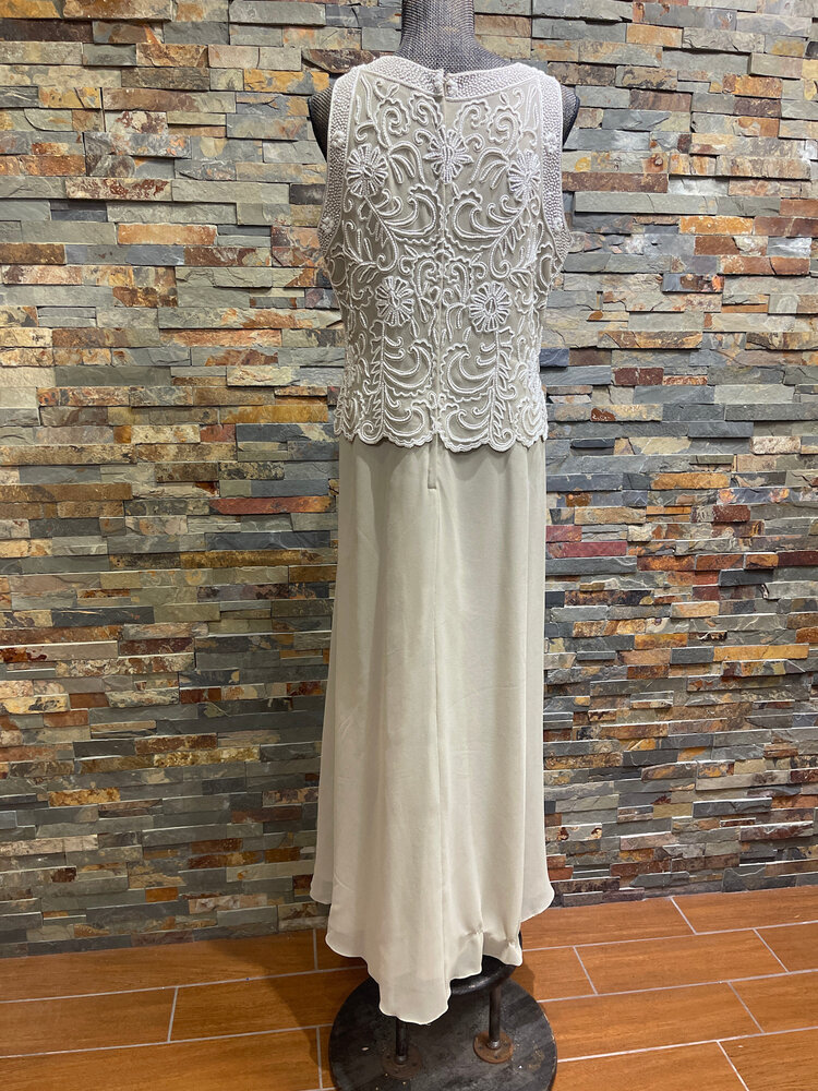 Jkara Latte Gown with White Beaded Sleeveless Top, Size 16