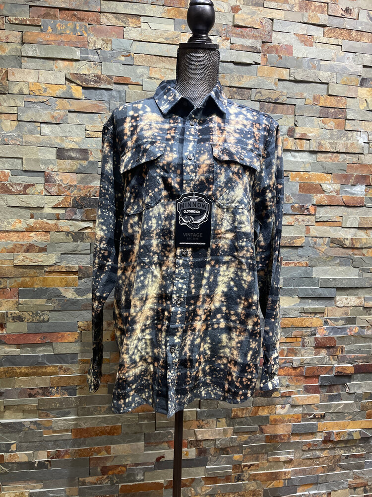 Bleached Blue Buffalo Plaid Let's Drink Beer & Judge People Flannel Shirt, Size L