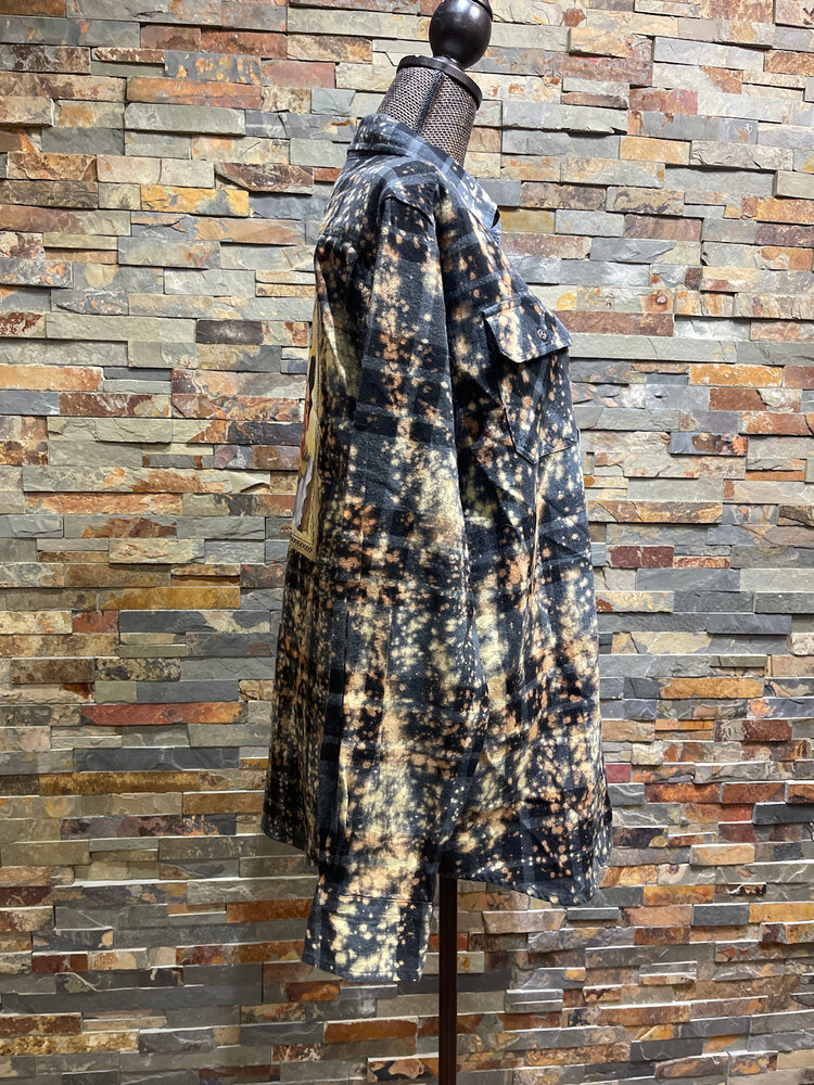 Bleached Blue Buffalo Plaid Let's Drink Beer & Judge People Flannel Shirt, Size L