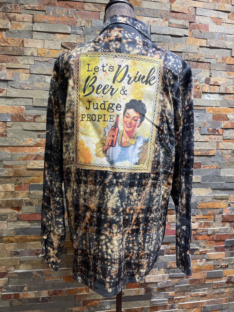 Bleached Blue Buffalo Plaid Let's Drink Beer & Judge People Flannel Shirt, Size L