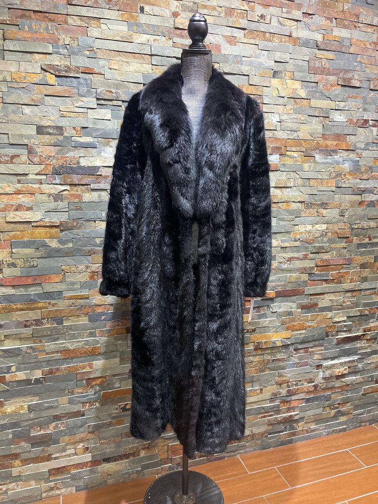 Black Mink Sections with Black Fox Collar Coat, Size M