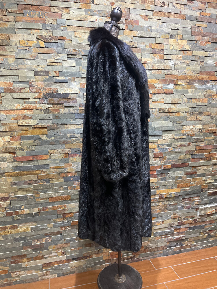 Black Mink Sections with Black Fox Collar Coat, Size M