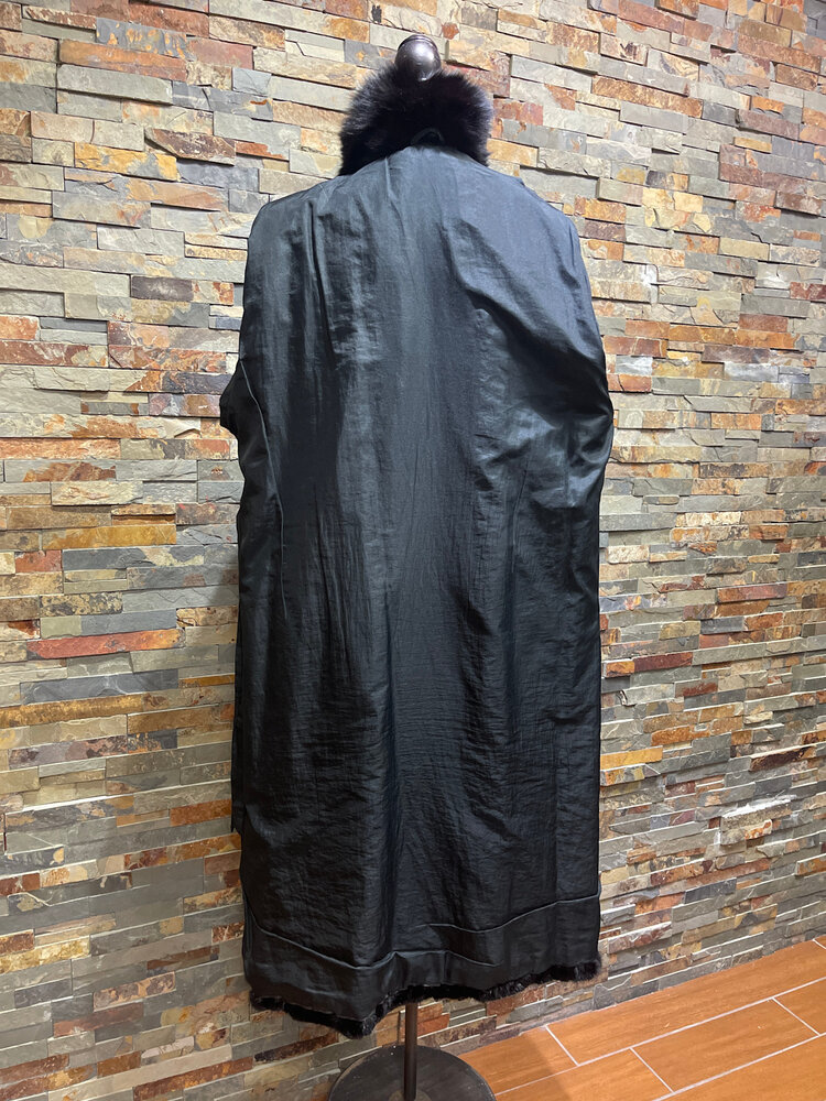Black Mink Sections with Black Fox Collar Coat, Size M