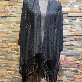 Black Lace Fringed Shawl, O/S