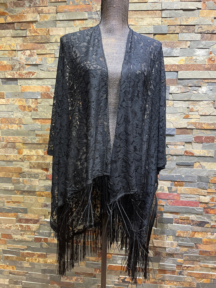 Black Lace Fringed Shawl, O/S