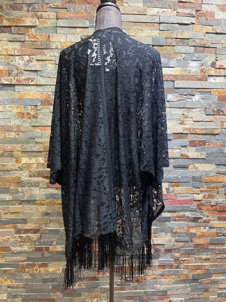 Black Lace Fringed Shawl, O/S