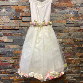 Ivory Silk and Tulle Girls Dress with Flower Petal Trim, Size 8