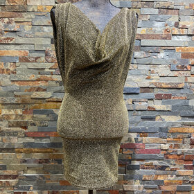 Pretty Little Thing Gold Sparkle Double Cowl Neck Dress, Size 6