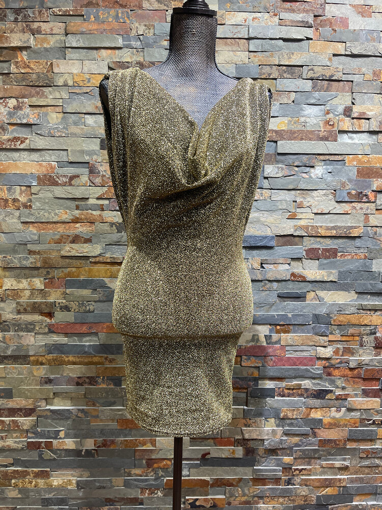 Pretty Little Thing Gold Sparkle Double Cowl Neck Dress, Size 6