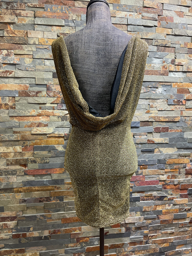 Pretty Little Thing Gold Sparkle Double Cowl Neck Dress, Size 6