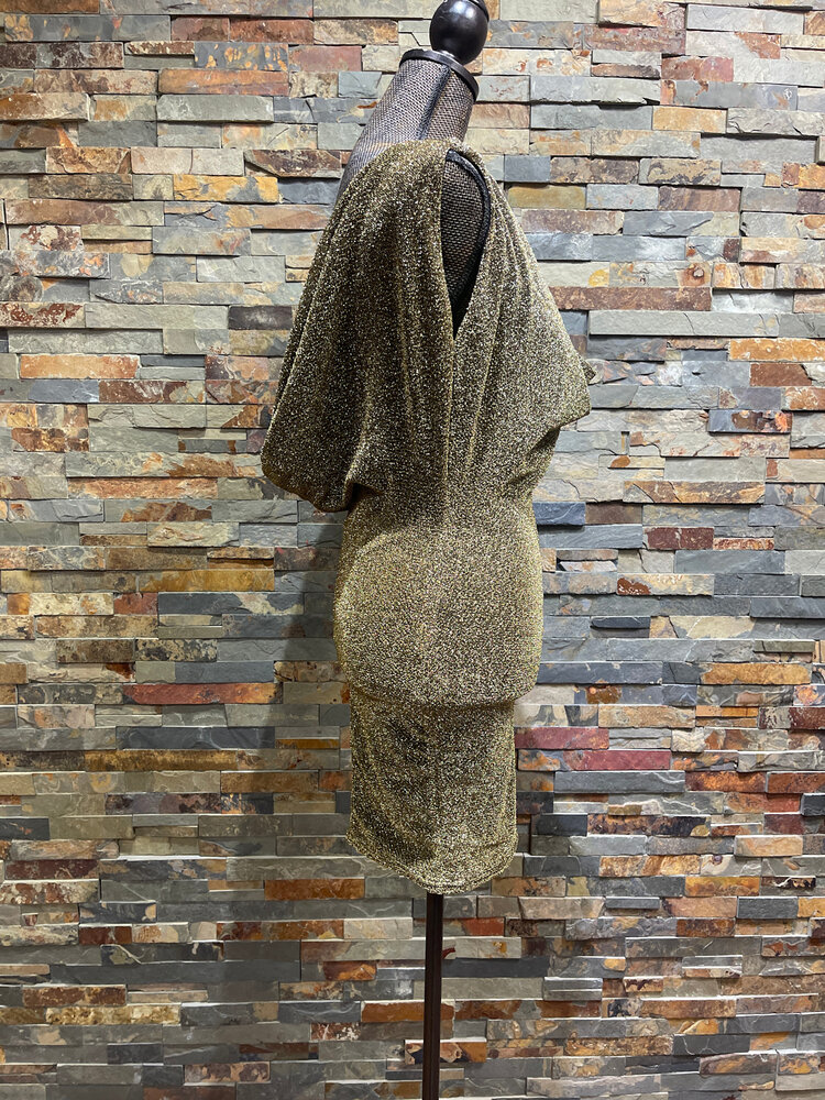 Pretty Little Thing Gold Sparkle Double Cowl Neck Dress, Size 6