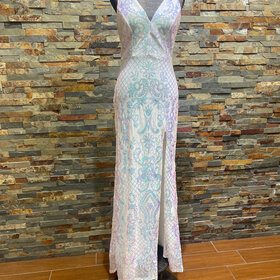 Blondie Nites White with AB Sequin Pattern Slit Gown, Size 11