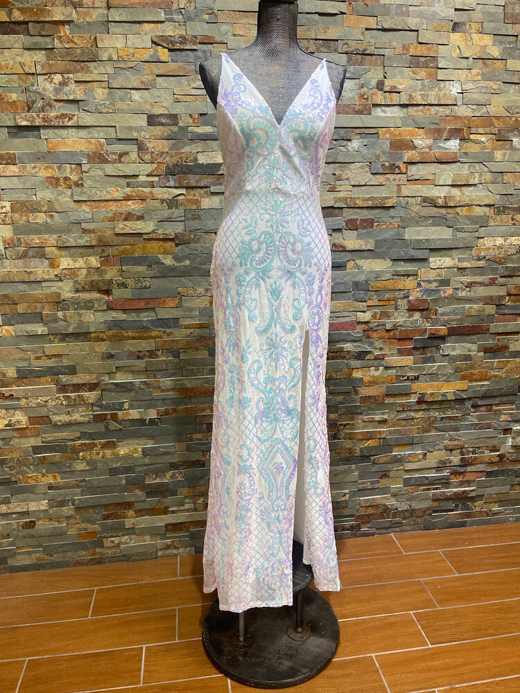 Blondie Nites White with AB Sequin Pattern Slit Gown, Size 11