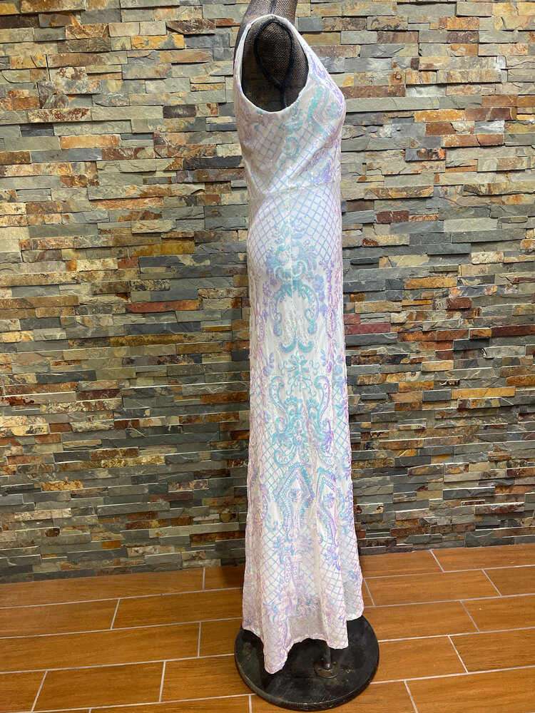 Blondie Nites White with AB Sequin Pattern Slit Gown, Size 11