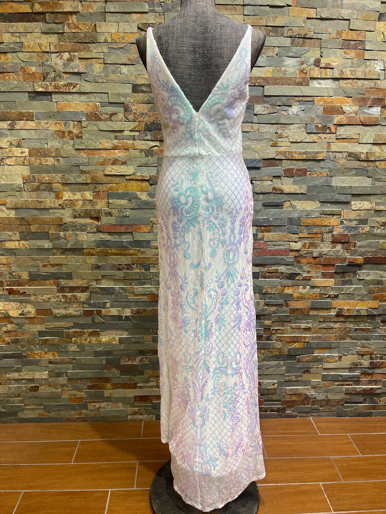 Blondie Nites White with AB Sequin Pattern Slit Gown, Size 11