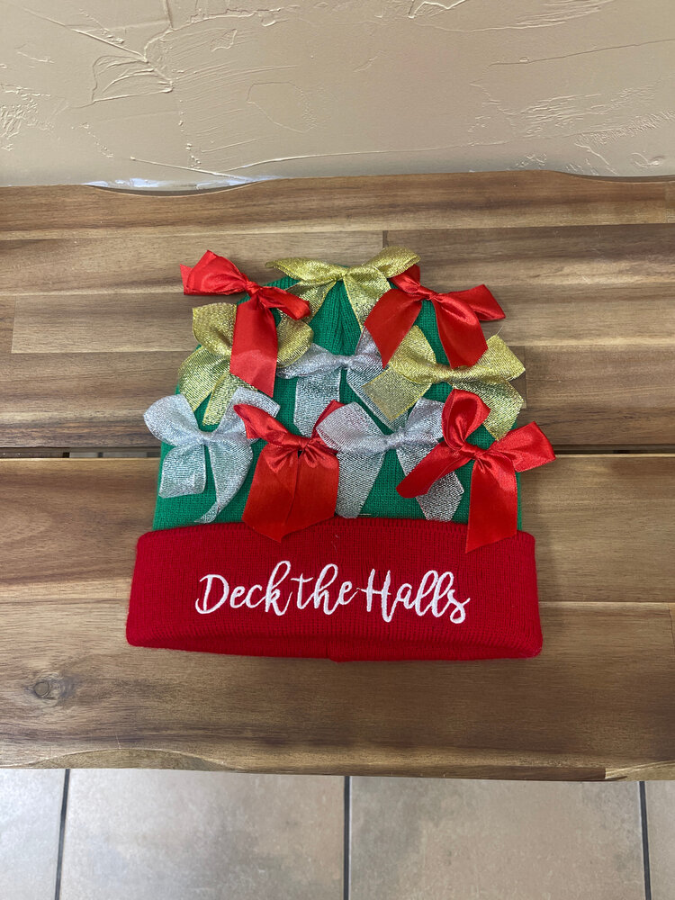 Red & Green Deck the Halls Bow Cap, O/S