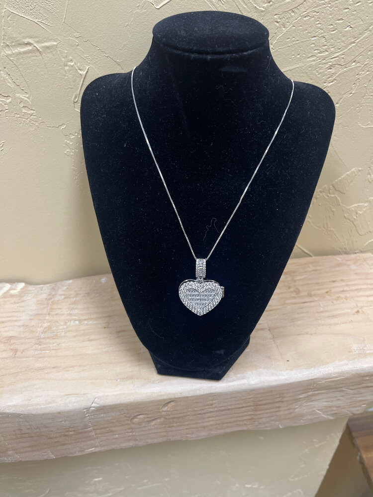 Silver CZ Heart Locket Pendant Necklace