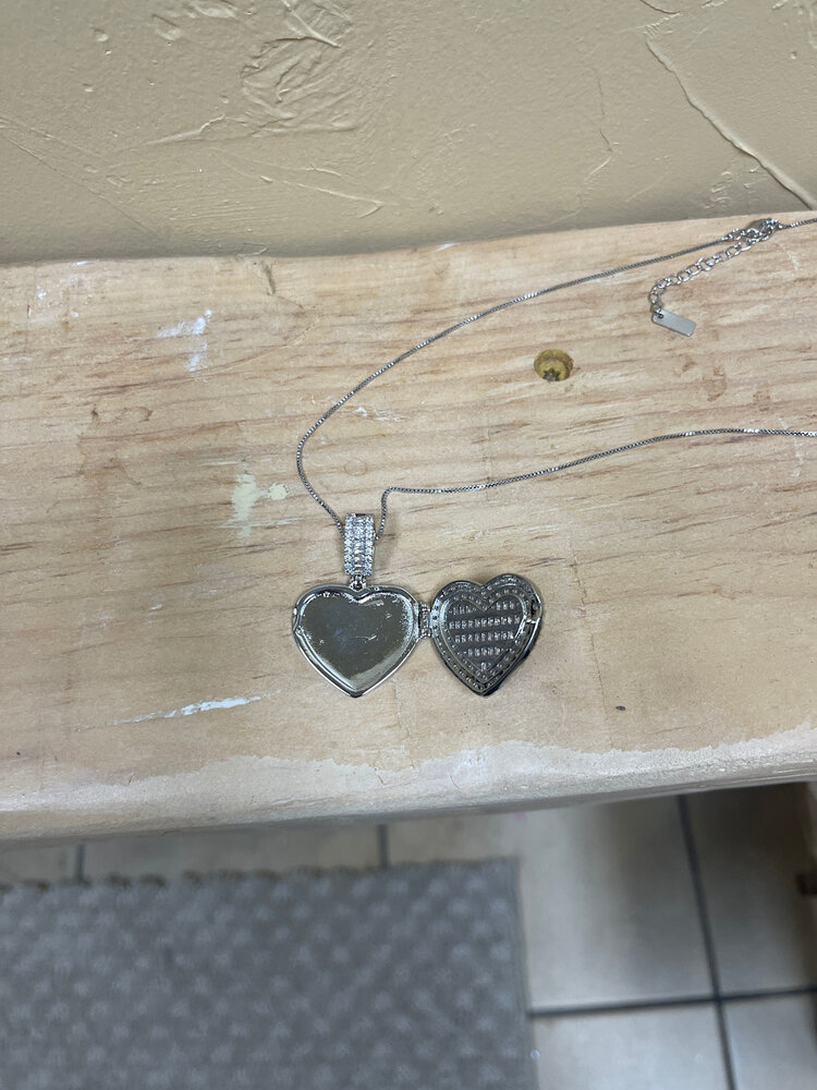 Silver CZ Heart Locket Pendant Necklace