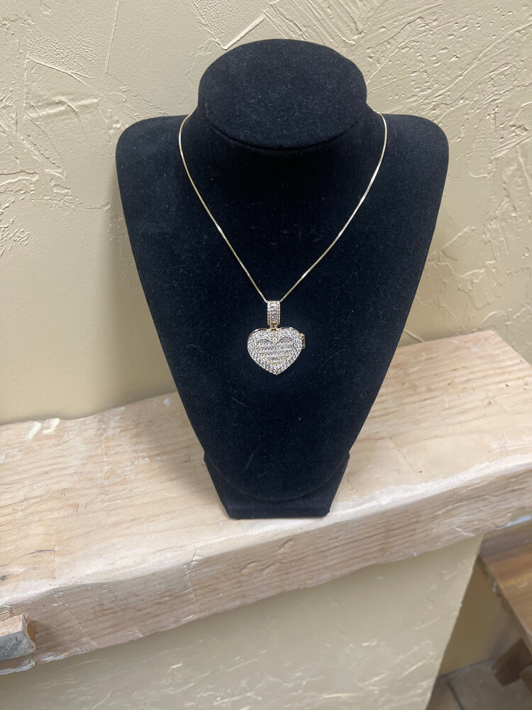 Gold CZ Heart Locket Pendant Necklace